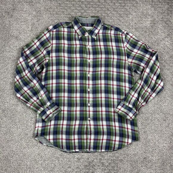 Barneys New York Shirt Mens Medium Green Blue Plaid Button Down Collar Cotton - Picture 1 of 8